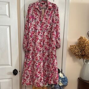 Pink and Red Long Sleeve Buttoned Sundress with Notched Collar